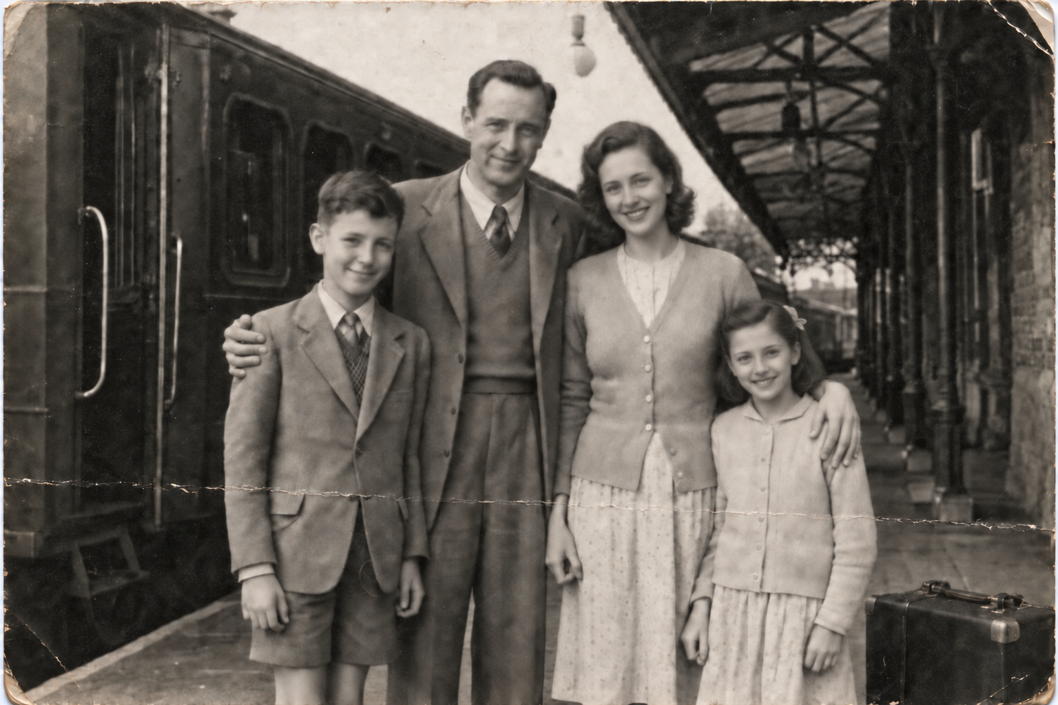 Black-and-white family portrait at a station with a horizontal crease and worn edges — Original