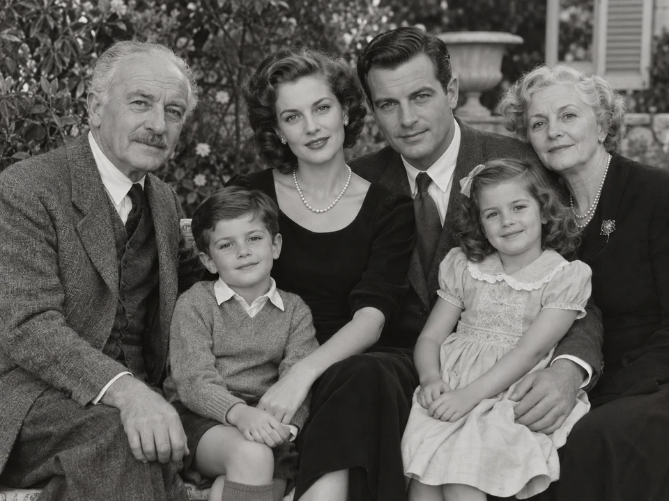 Black-and-white garden photograph of six family members across three generations — Reference