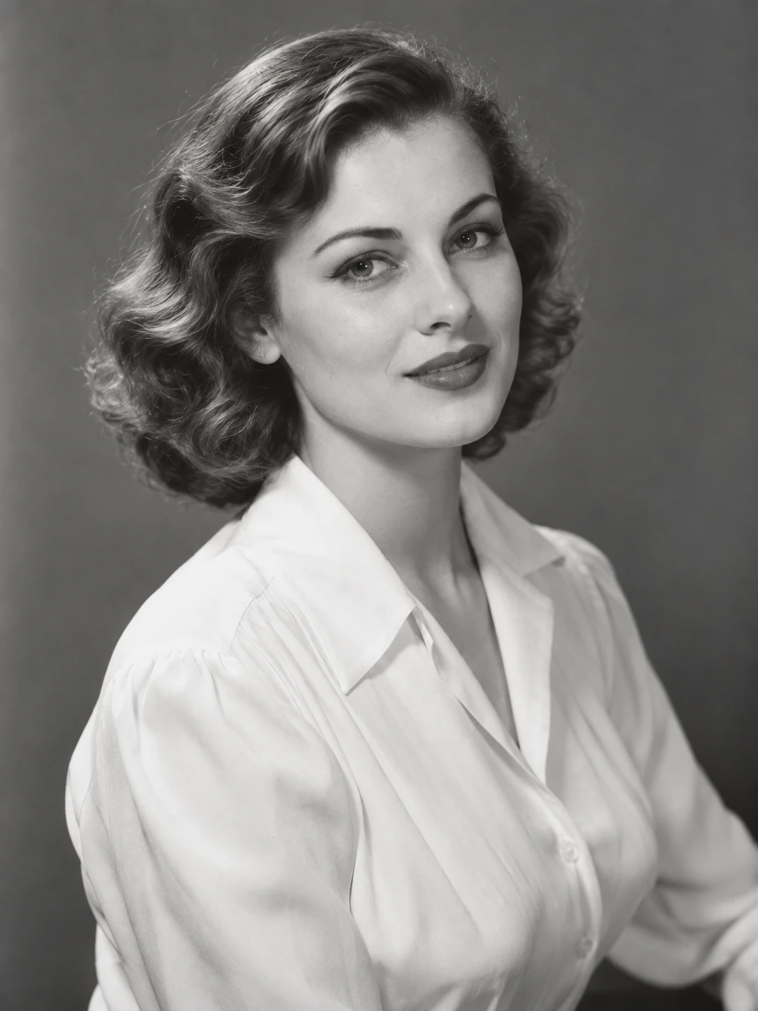 Vintage black-and-white half-length portrait of a young mother in a light blouse — Reference