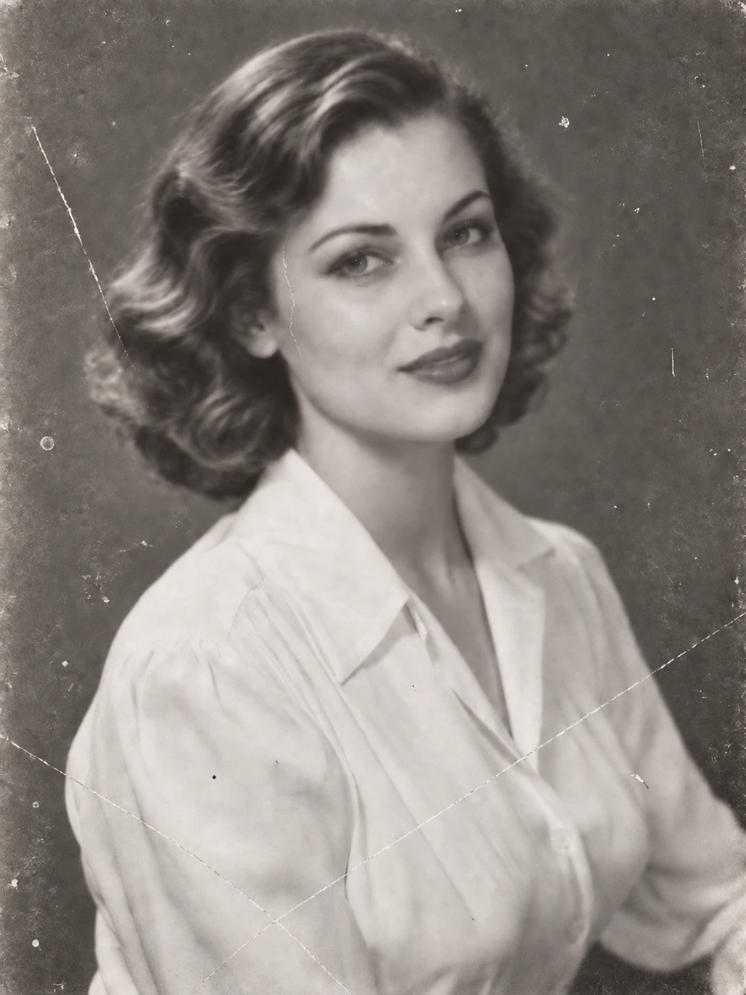 Vintage black-and-white half-length portrait of a young mother in a light blouse — Before