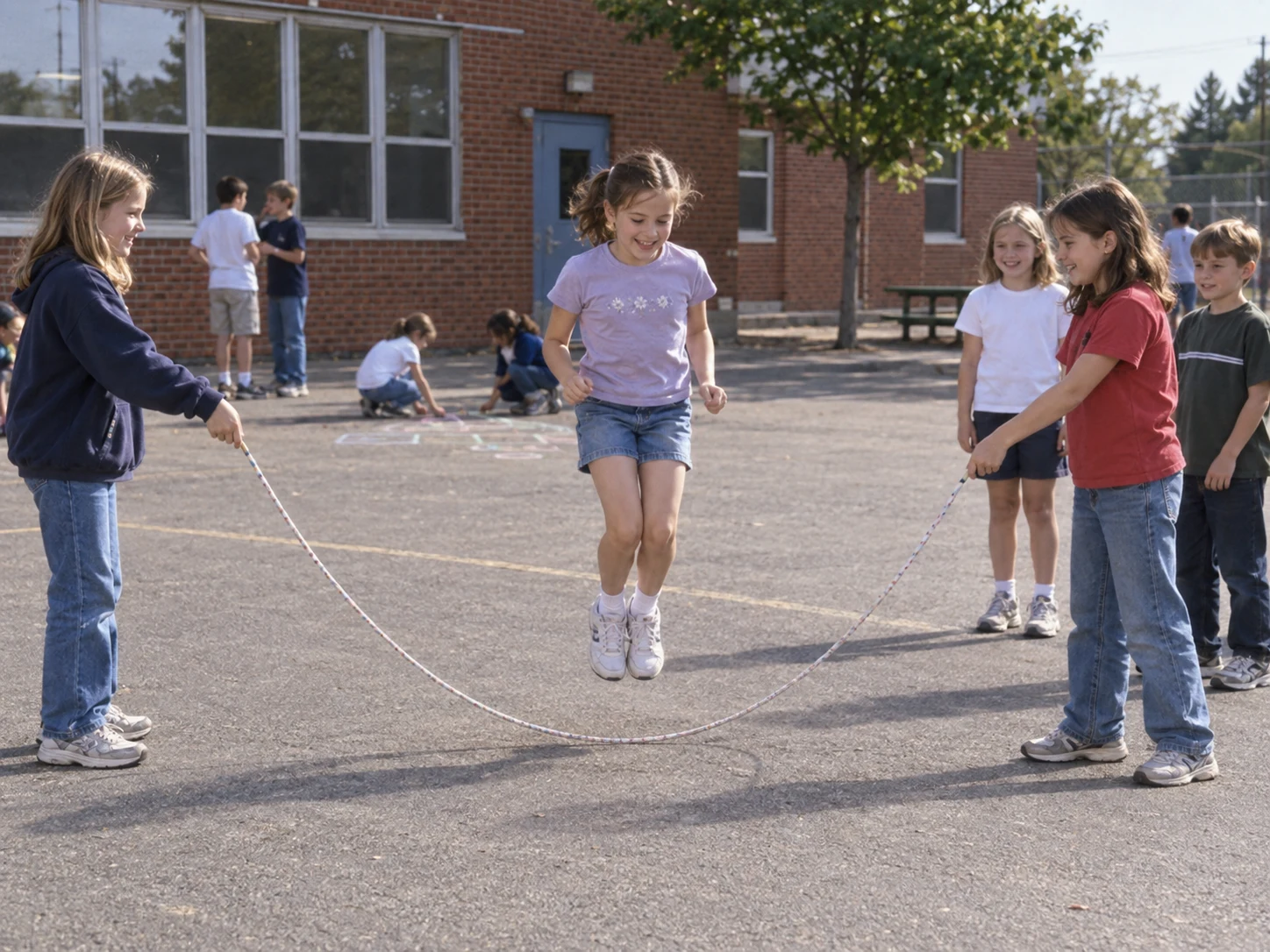 Old color photograph of children in casual clothes and sneakers playing long jump rope in a school playground — Reference