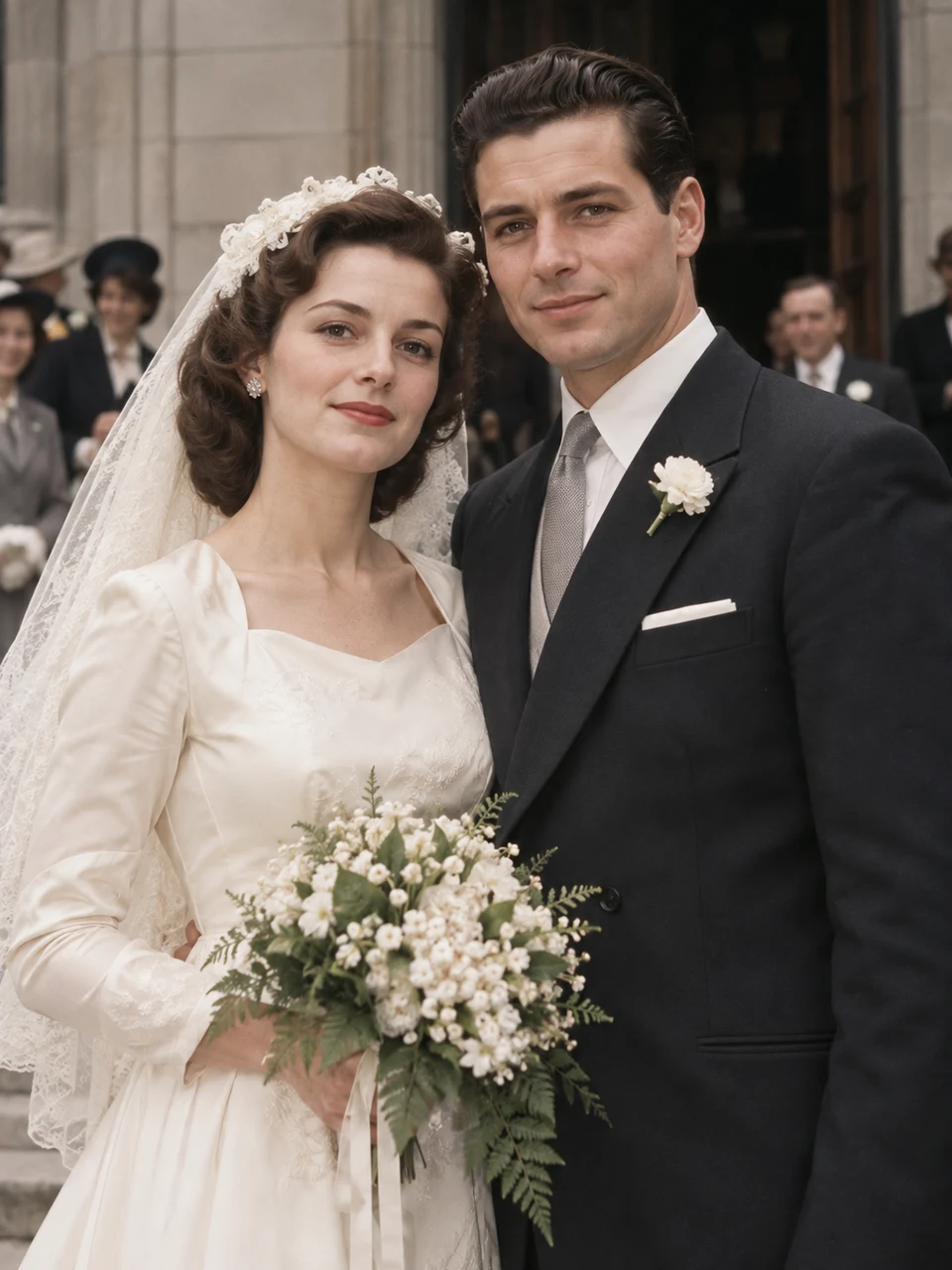Vintage wedding photograph of a bride with a bouquet and a groom in a dark suit outside a town hall — Reference