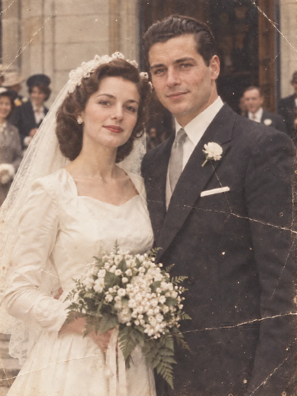 Vintage wedding photograph of a bride with a bouquet and a groom in a dark suit outside a town hall — Before
