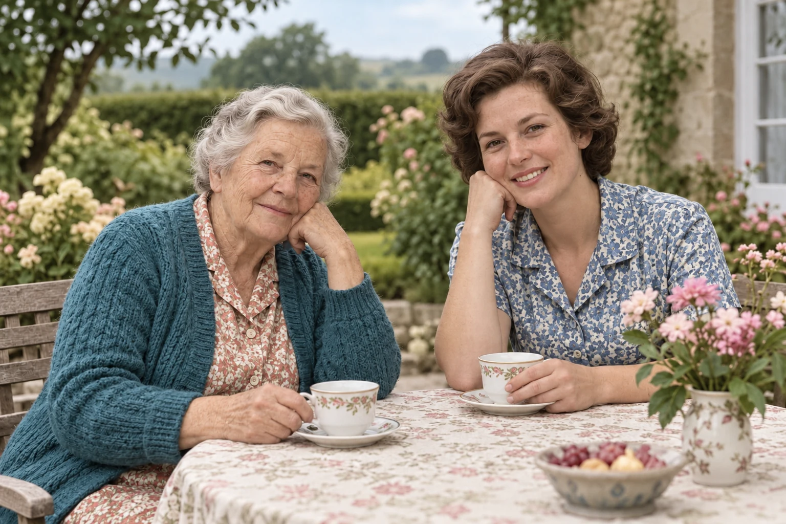 AI-generated monochrome and color illustrations of a fictional grandmother and daughter at a garden table — Colorized
