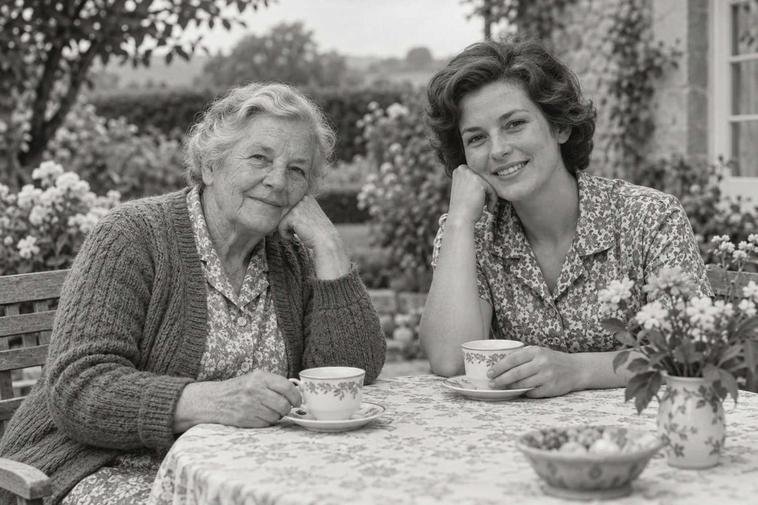 AI-generated monochrome and color illustrations of a fictional grandmother and daughter at a garden table — Original