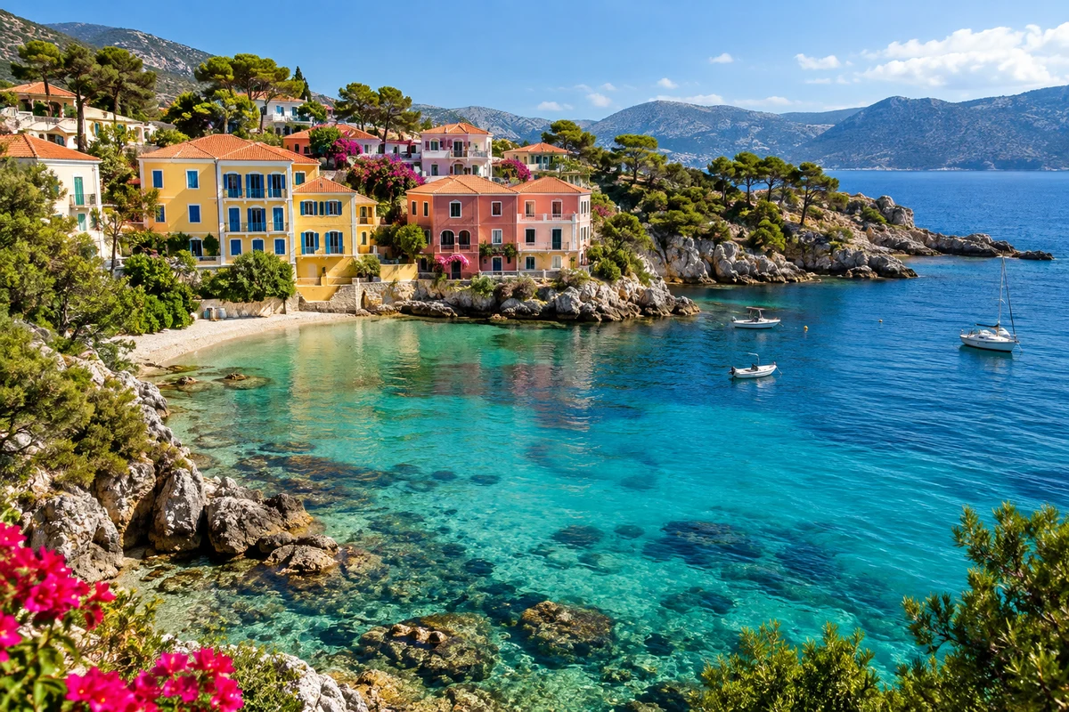 Turquoise bay with warm yellow and coral pink waterfront buildings — Blurred