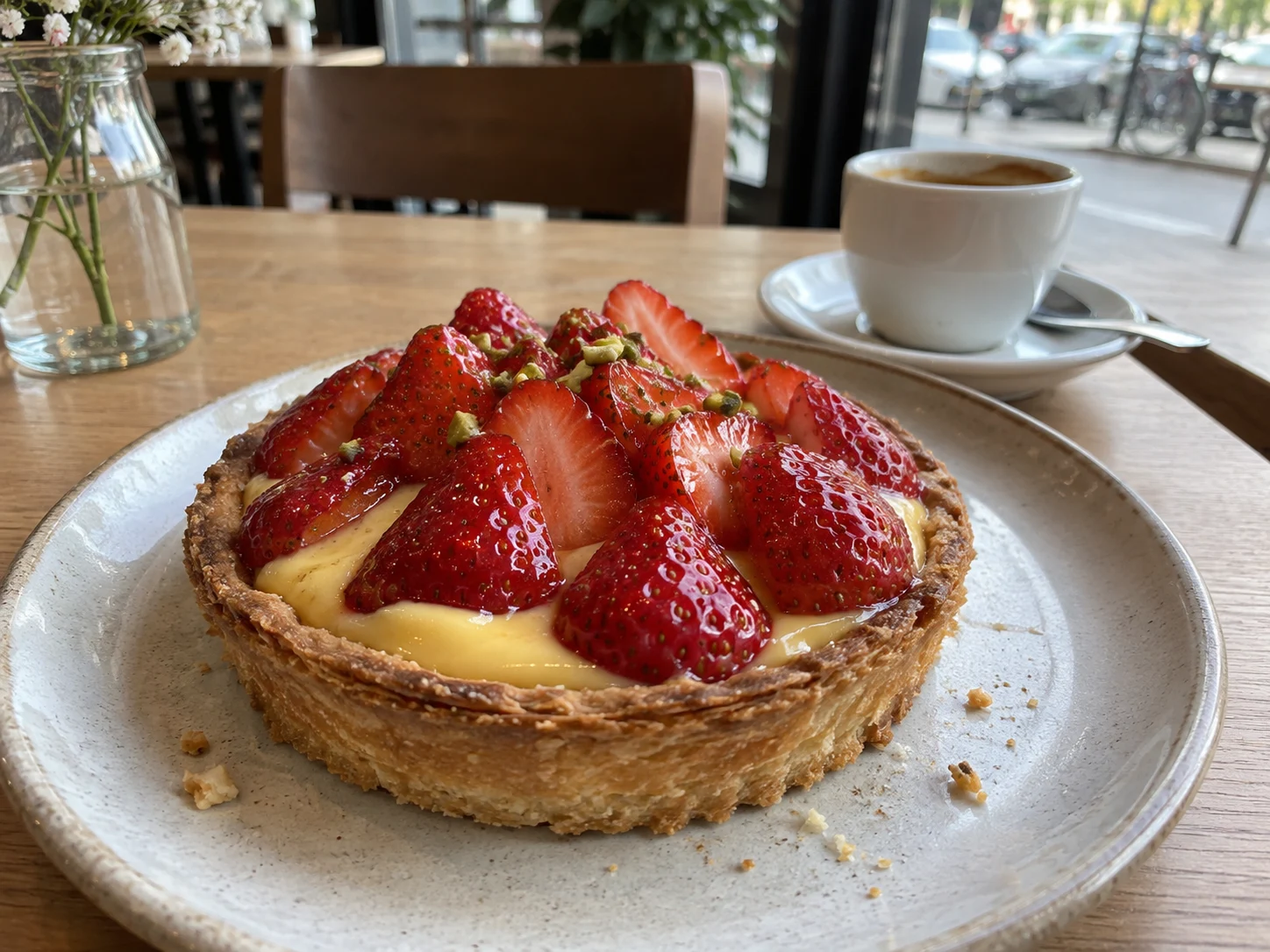 A strawberry custard tart on a pale ceramic plate on a cafe table — Clear