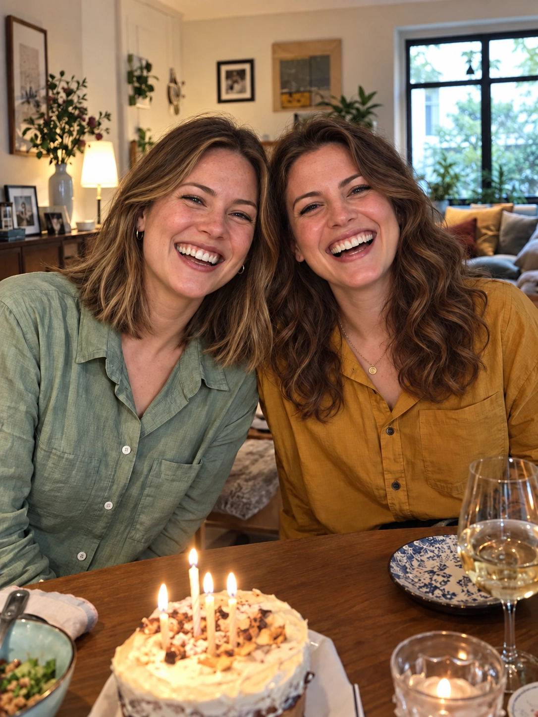 Two adult friends laughing together at a birthday dinner at home — Clear