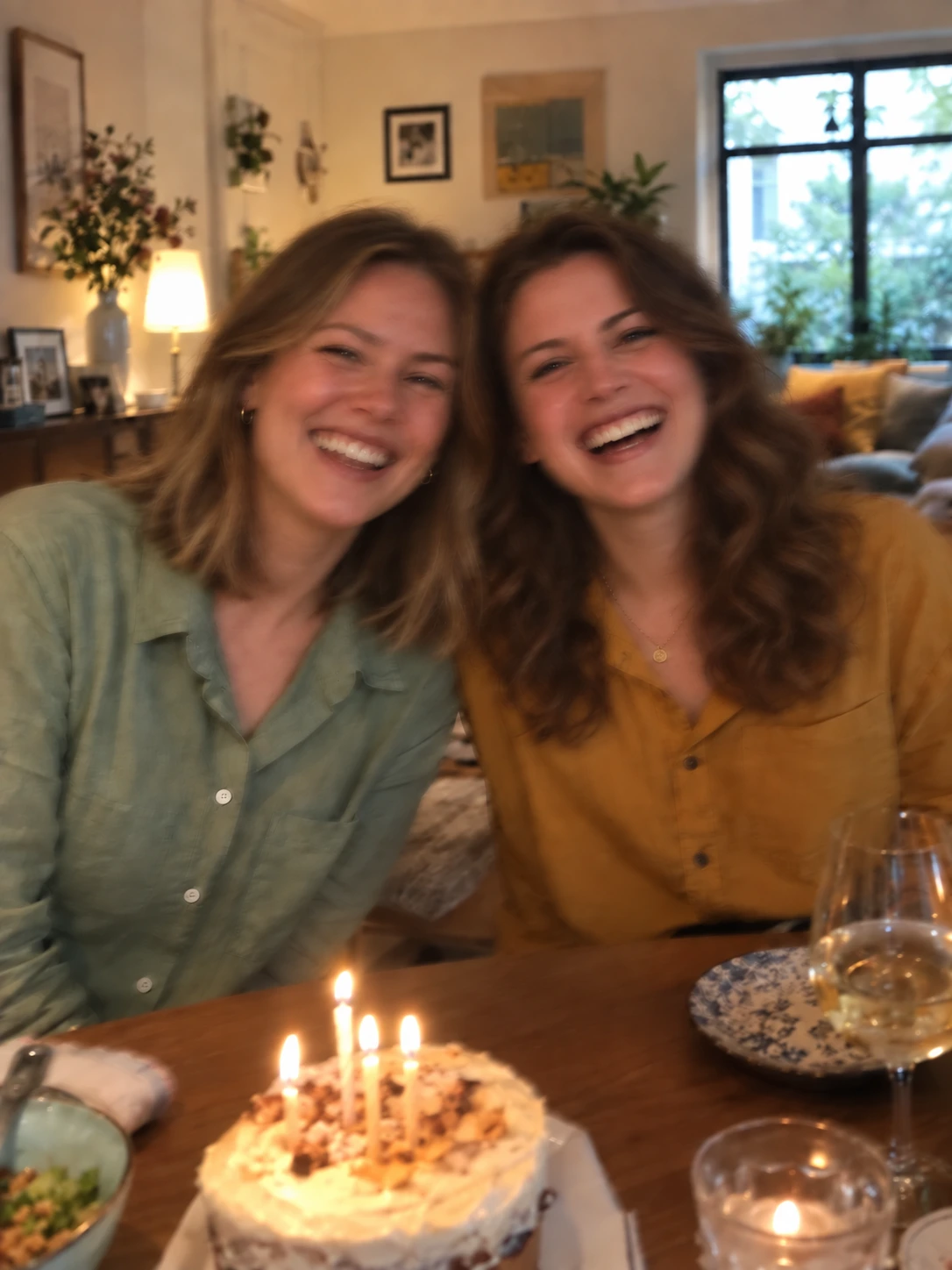 Two adult friends laughing together at a birthday dinner at home — Blurred