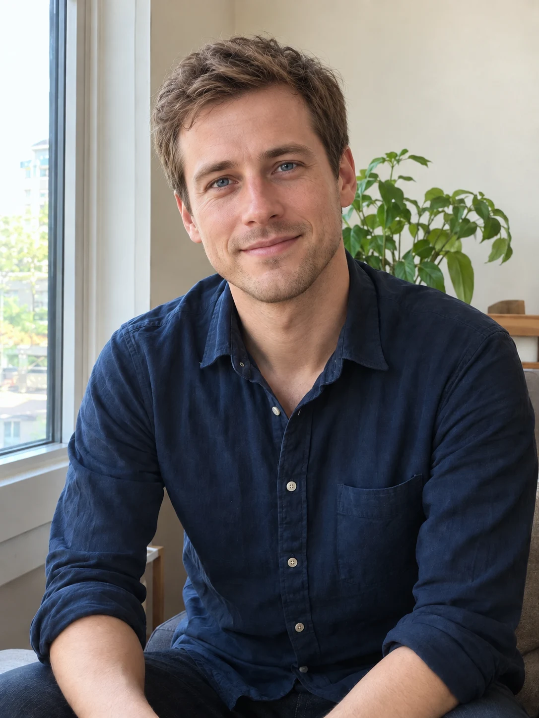 An adult man in a navy shirt smiling naturally beside a window at home — Clear