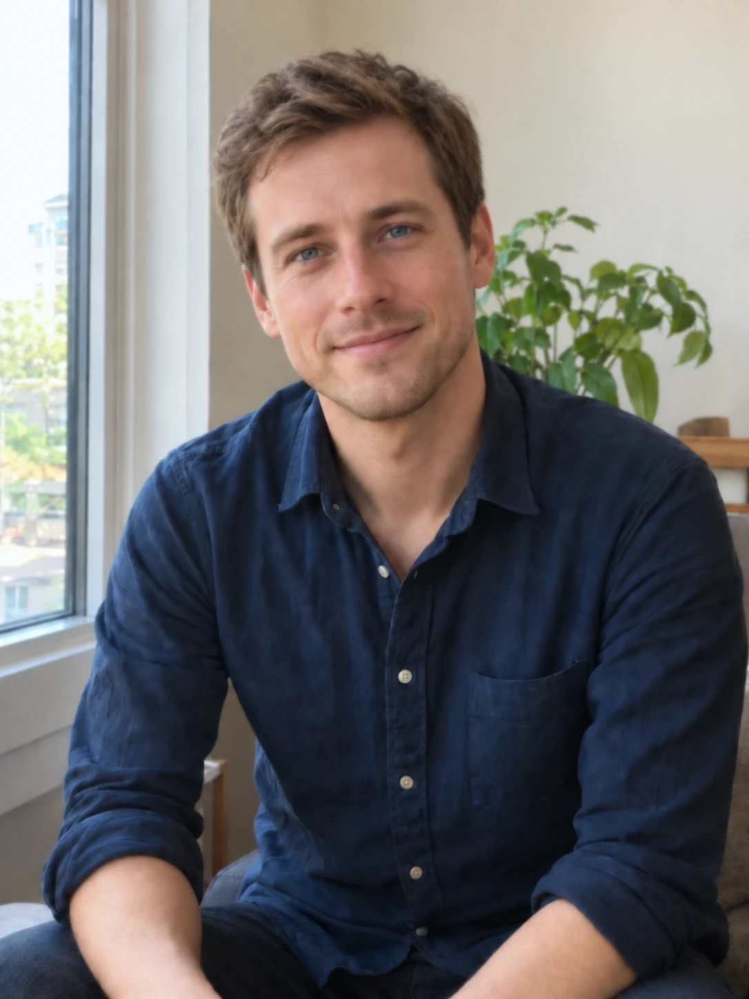 An adult man in a navy shirt smiling naturally beside a window at home — Blurred