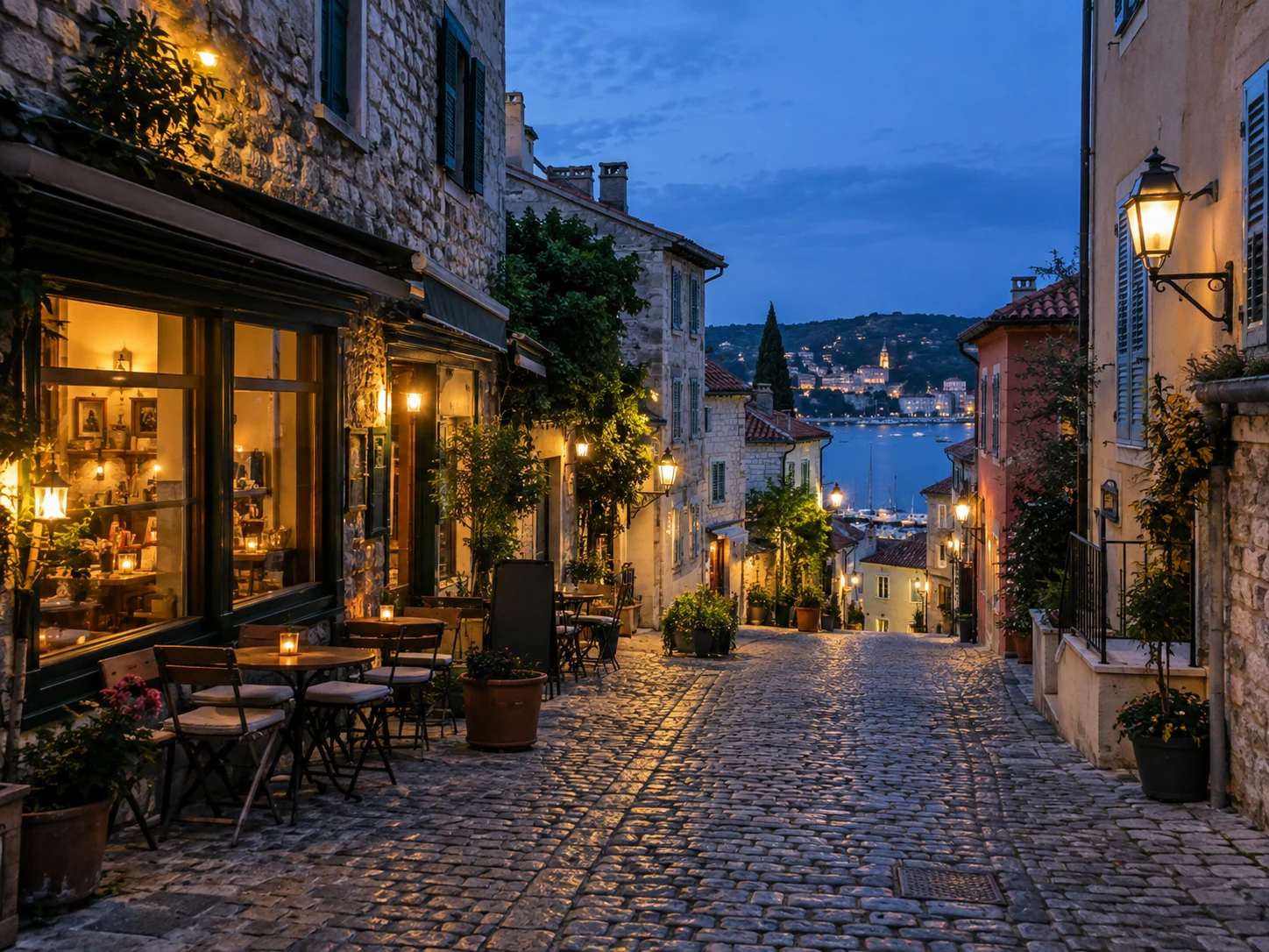 A neighborhood street at dusk with warm cafe lights, building edges and cobblestones — Clear