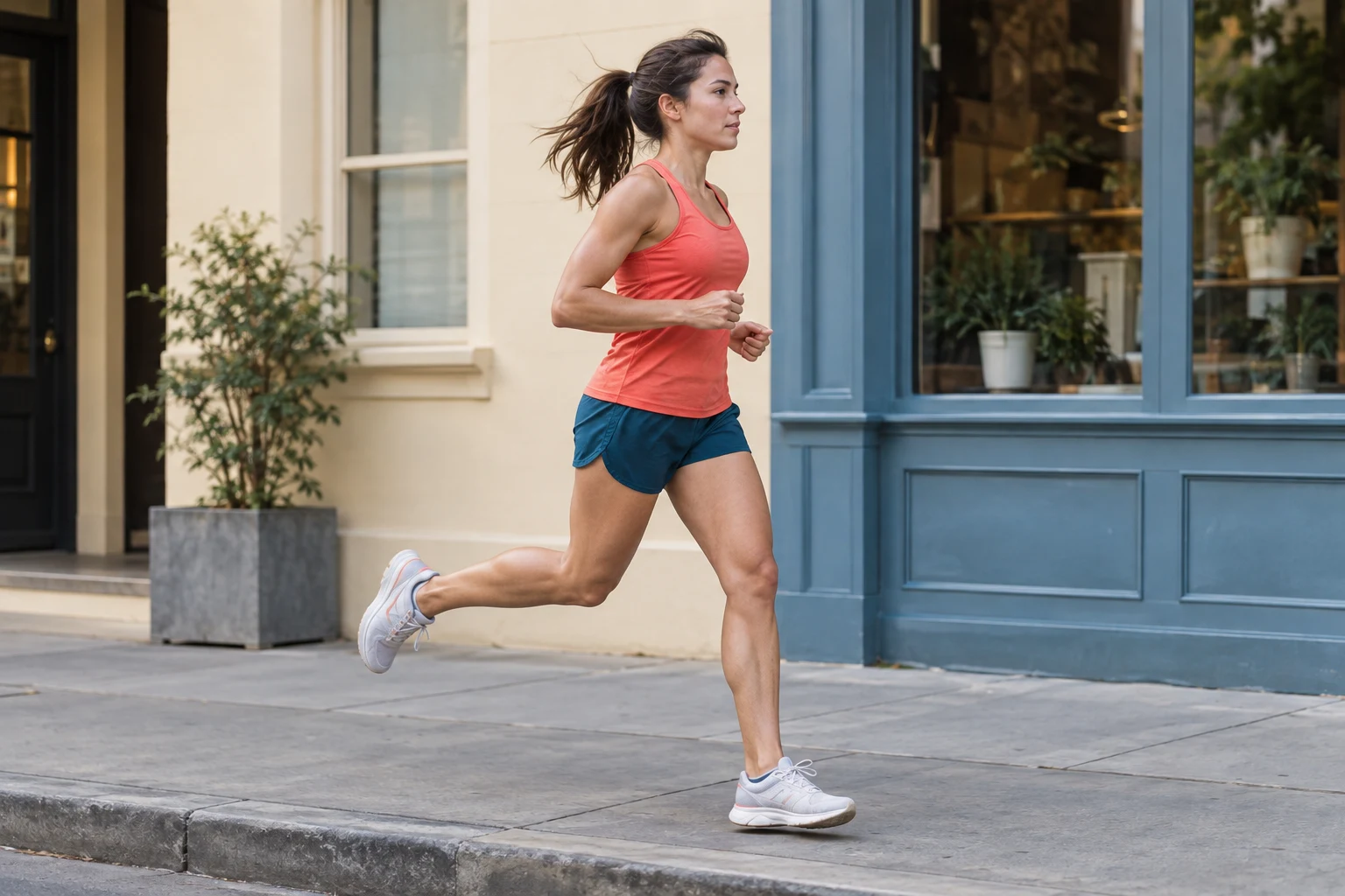 Full-body view of a woman in a coral athletic top and dark teal shorts running along a city sidewalk — Clear