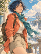 Original adult anime traveler in a coral orange jacket and teal scarf — Low-res
