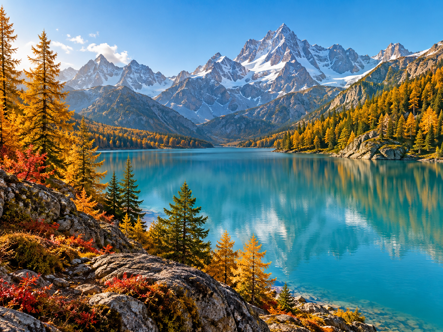 Turquoise alpine lake with golden autumn trees and distant mountains — Upscaled