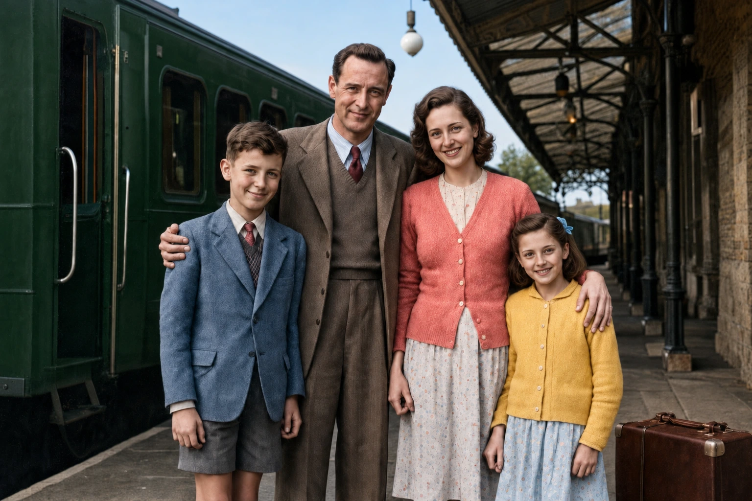 Black-and-white family portrait at a station with a horizontal crease and worn edges — Reference